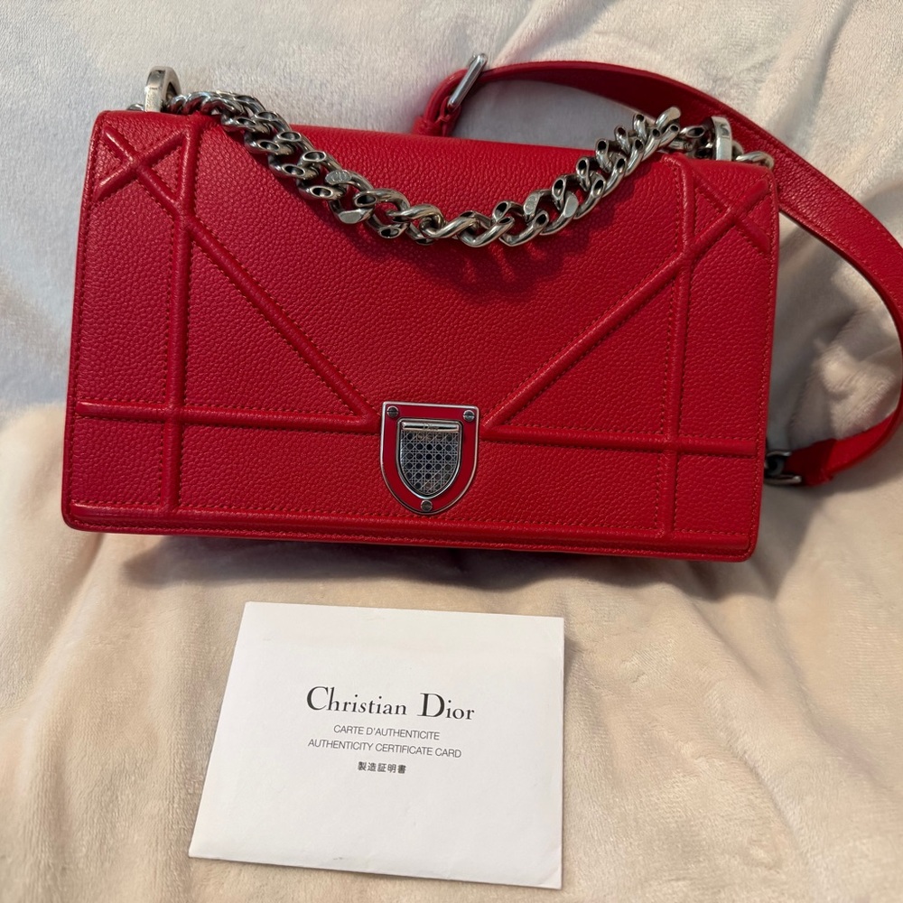 Dior Vibrant Red Calfskin Small Diorama Crossbody Bag with Silver Chain